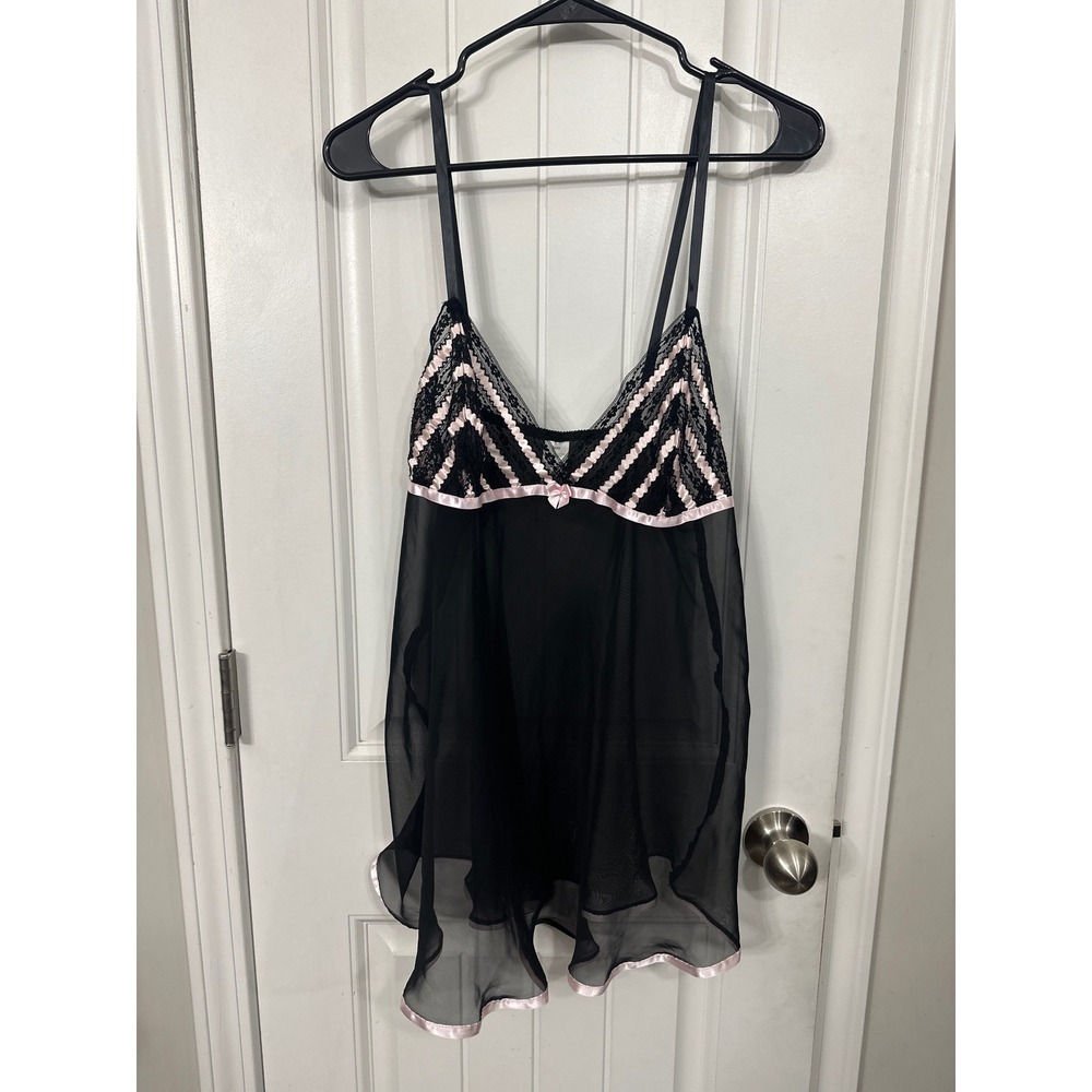 Black‎ Sheer Mesh Babydoll Chemise Pink Satin Trim Lace Bodice Bow Detail Medium